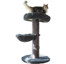 Kratzbaum mit Liegefläche, Hängematte, Spieltau und Sisalstamm, auf dem eine Katze sitzt.