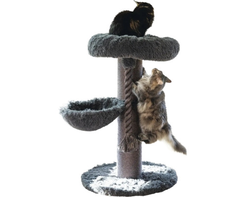 Kratzbaum mit Sisalstamm, zwei Liegeflächen und Spieltau, inklusive zwei Katzen.
