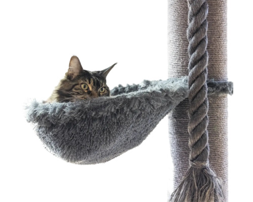 Kratzbaum-Liegemulde aus Plüsch mit Katze an einem Kratzstamm mit Spieltau.