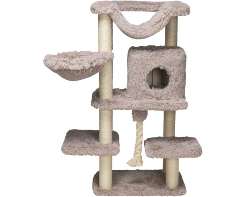 Kratzbaum mit Sisalstämmen, Plüschhöhle, Hängematte und Spieltau.