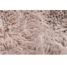 Nahaufnahme der zotteligen Textur und des hohen Flors eines Hochflor-Teppichs.