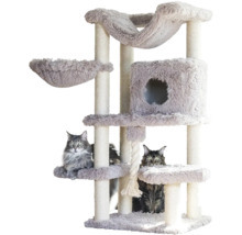 Grauer mehrstöckiger Kratzbaum mit Sisal-Stämmen, Plüsch-Plattformen, Hängematten, Höhle und Spielseil. Zwei langhaarige Katzen sind abgebildet.