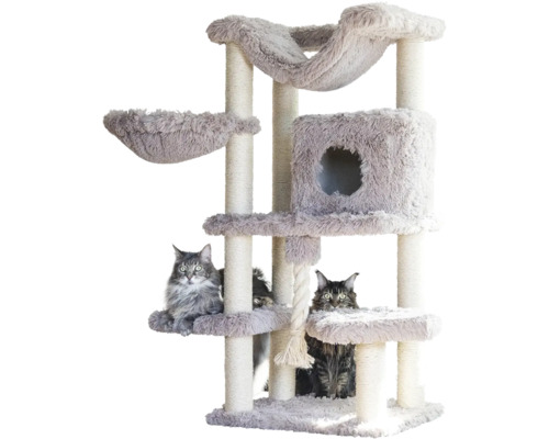 Grauer mehrstöckiger Kratzbaum mit Sisal-Stämmen, Plüsch-Plattformen, Hängematten, Höhle und Spielseil. Zwei langhaarige Katzen sind abgebildet.
