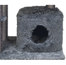 Graue Katzenhöhle aus weichem Plüsch mit rundem Eingang und Sisal-Kratzstamm.