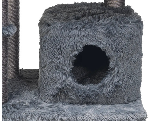 Graue Katzenhöhle aus weichem Plüsch mit rundem Eingang und Sisal-Kratzstamm.