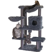 Grauer Kratzbaum mit mehreren Ebenen, Plüschbezug, Sisalstämmen, Katzenhöhle, Liegemulde und Spieltau.