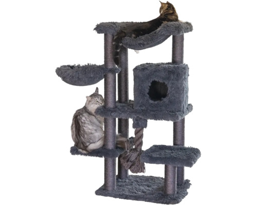 Grauer Kratzbaum mit mehreren Ebenen, Plüschbezug, Sisalstämmen, Katzenhöhle, Liegemulde und Spieltau.