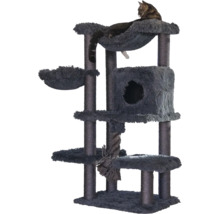 Mehrstöckiger Kratzbaum aus grauem Plüsch mit Sisalstämmen, Katzenhaus, Liegemulden, Spielseil und einer liegenden Katze.