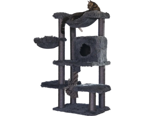 Mehrstöckiger Kratzbaum aus grauem Plüsch mit Sisalstämmen, Katzenhaus, Liegemulden, Spielseil und einer liegenden Katze.