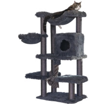 Dunkelgrauer Kratzbaum mit mehreren Ebenen, Plüschhöhle, Liegemulden und Sisalstämmen, auf dem eine Katze liegt.
