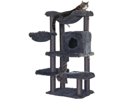 Dunkelgrauer Kratzbaum mit mehreren Ebenen, Plüschhöhle, Liegemulden und Sisalstämmen, auf dem eine Katze liegt.