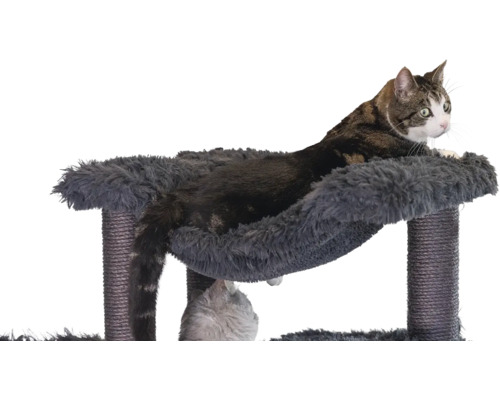 Kratzbaum mit Plüsch-Liegefläche und Sisalstämmen, auf dem eine Katze liegt.