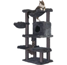 Mehrstöckiger Kratzbaum mit gepolsterten Liegeflächen, Katzenhöhle, Sisalstämmen und Spieltau, inklusive einer Katze auf der oberen Ebene.