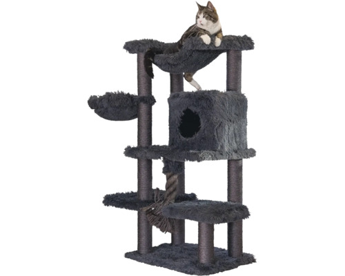 Mehrstöckiger Kratzbaum mit gepolsterten Liegeflächen, Katzenhöhle, Sisalstämmen und Spieltau, inklusive einer Katze auf der oberen Ebene.