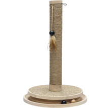 Kratzstamm für Katzen aus Holz und Sisal mit hängendem Feder-Spielzeug und integrierter Spielschiene mit zwei Kugeln.