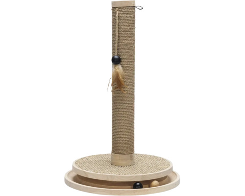 Kratzstamm für Katzen aus Holz und Sisal mit hängendem Feder-Spielzeug und integrierter Spielschiene mit zwei Kugeln.