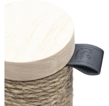 Detail eines Kratzstamms mit Holzplatte, Sisalseil und Designed by Lotte Logo an einer Lederschlaufe.