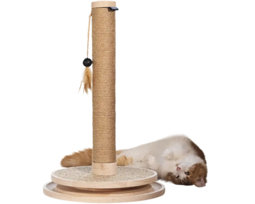 Kratzstamm für Katzen mit Sisalsäule, Holzbodenplatte und Spielzeug mit Feder neben einer liegenden Katze.