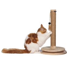 Katzenkratzbaum mit Sisalseil, Holzbasis und Spielzeugfeder, benutzt von einer Katze.