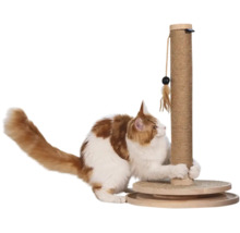 Katze kratzt an einem Kratzstamm aus Sisal mit runder Holzbasis und hängendem Spielzeug.