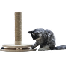 Kratzstamm mit Sisalseil und runder Spielschiene aus Holz mit Kugeln, an der eine grau-weiße Katze spielt.
