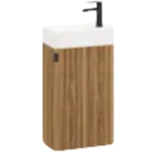Gäste-Waschbeckenunterschrank in Holzoptik mit Rillenstruktur, weißem Waschbecken und schwarzer Armatur.