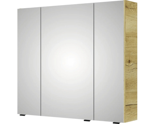 Armoire de toilette à trois portes pour la salle de bain avec corps en aspect chêne et façades en miroir.