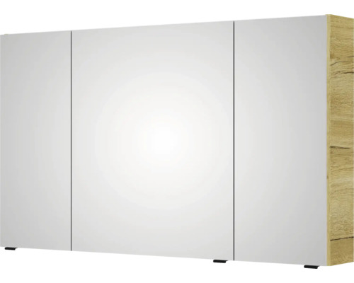 Armoire de toilette à trois portes avec corps à l'aspect bois.