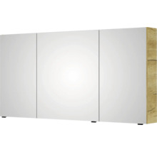 Armoire de toilette à trois portes avec paroi latérale en aspect bois.