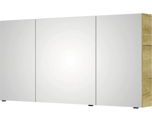Armoire de toilette à trois portes avec paroi latérale en aspect bois.