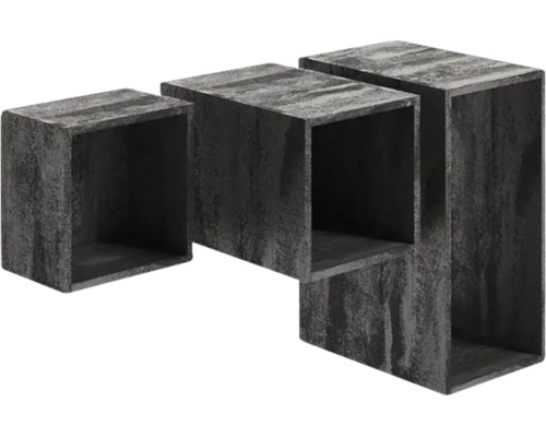 Dreiteiliges Wandregal-Set in dunkler Betonoptik, bestehend aus drei offenen, unterschiedlich großen würfelförmigen Regalen.