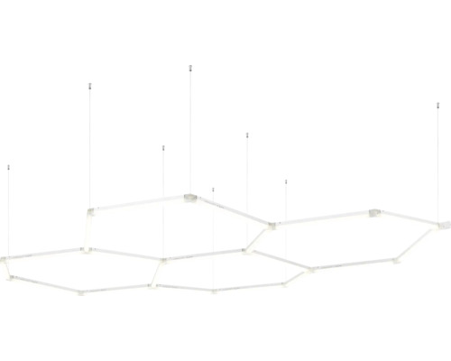 Modulare LED-Pendellampe in Sechseckform aus verbundenen linearen Modulen mit Seilaufhängung.