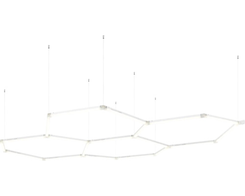 Moderne LED-Pendelleuchte in modularer Sechseckform, Seilaufhängung, weiß leuchtend.