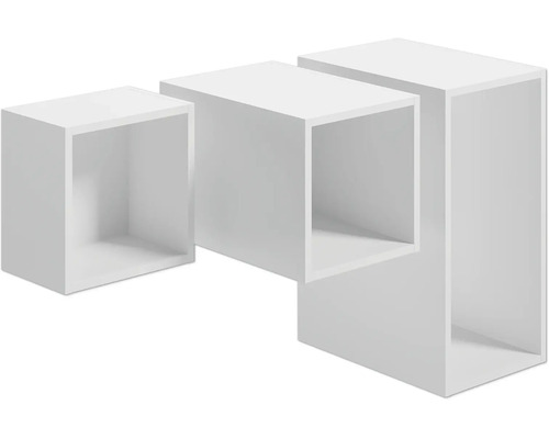 Dreiteiliges Wandregal-Set aus Würfeln in verschiedenen Grössen.