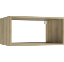 Horizontales Wandregal in Holzoptik, offene Konstruktion, rechteckige Form.