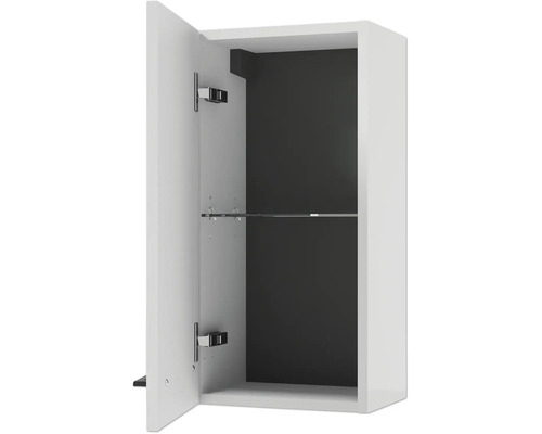 Bad-Hängeschrank mit geöffneter Tür und einem Glaseinlegeboden.