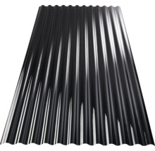 Schwarze Wellplatte aus Kunststoff mit Sinusprofil für Dach und Wand.