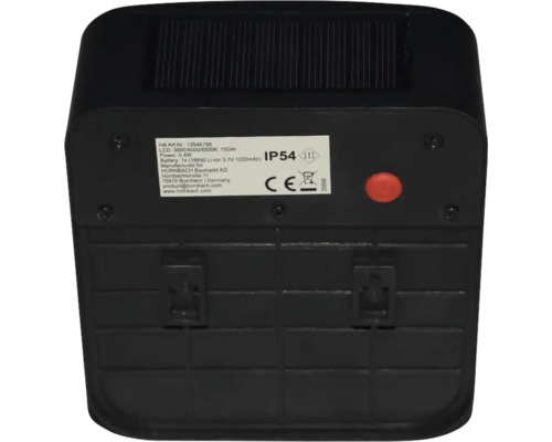Rückseite einer Solar-LED-Leuchte mit Solarpanel, Typenschild, CE-Kennzeichnung, Schutzart IP54, Schutzklasse drei und rotem Schalter.
