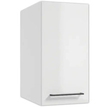 Küchen-Hängeschrank mit weißer Front und einem horizontalen, dunklen Metallgriff im unteren Bereich.