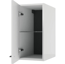 Geöffneter Badezimmer-Hängeschrank mit einer Tür, einem Glaseinlegeboden und dunkler Rückwand.