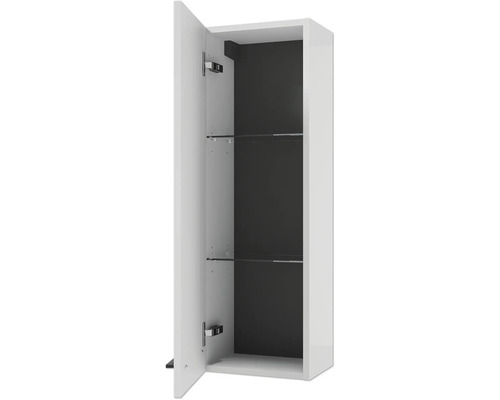 Hängeschrank für das Badezimmer mit geöffneter Tür, zwei Glaseinlegeböden, weißem Korpus und dunkler Rückwand.