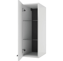 Wandhängender Badezimmerschrank mit geöffneter Tür, zwei Glaseinlegeböden und dunkler Rückwand.