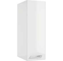 Weisser, hochglänzender Badezimmer-Hängeschrank mit silbernem Metallgriff.