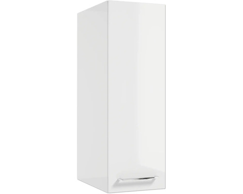 Weisser, hochglänzender Badezimmer-Hängeschrank mit silbernem Metallgriff.