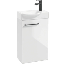 Gäste-WC-Waschtisch mit weißem Waschbecken und mattschwarzer Armatur.