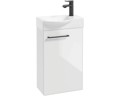 Gäste-WC-Waschtisch mit weißem Waschbecken und mattschwarzer Armatur.