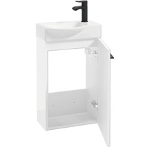 Weißer Waschbeckenunterschrank mit geöffneter Tür, inklusive weißem Waschbecken und schwarzer Armatur für das Gäste-WC.