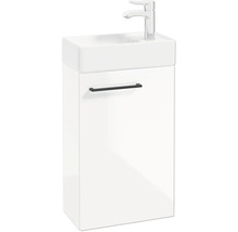 Weißer Waschtischunterschrank für das Gästebad mit Waschbecken, schwarzem Griff und verchromter Armatur.