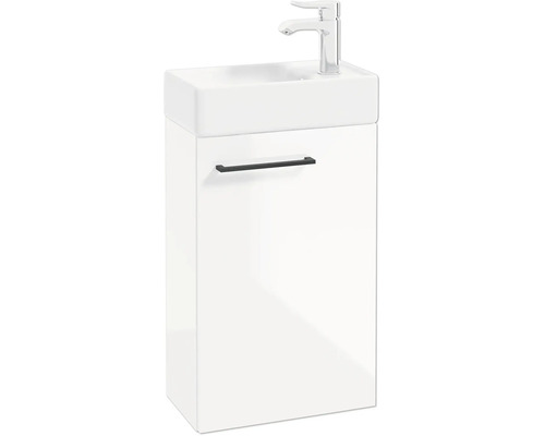 Weißer Waschtischunterschrank für das Gästebad mit Waschbecken, schwarzem Griff und verchromter Armatur.