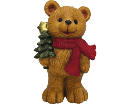 Weihnachtsfigur brauner Bär aus Polyresin mit rotem Schal und Tannenbaum